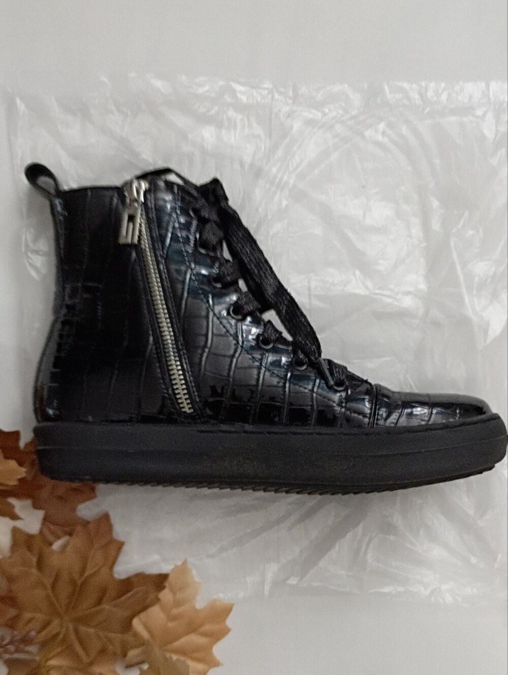Black Croc-Embossed Patent Leather High-Top Sneaker with Side Zip
